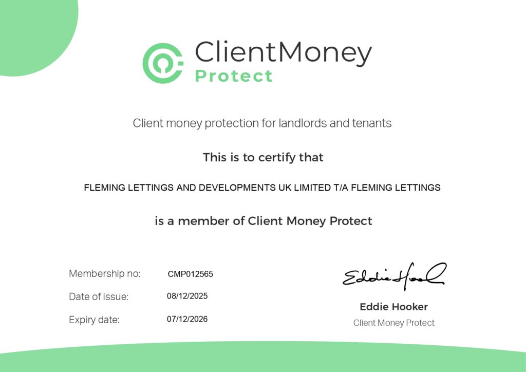 Client Money Protect certificate for Fleming Lettings, membership CMP012565, valid to 7 December 2026.